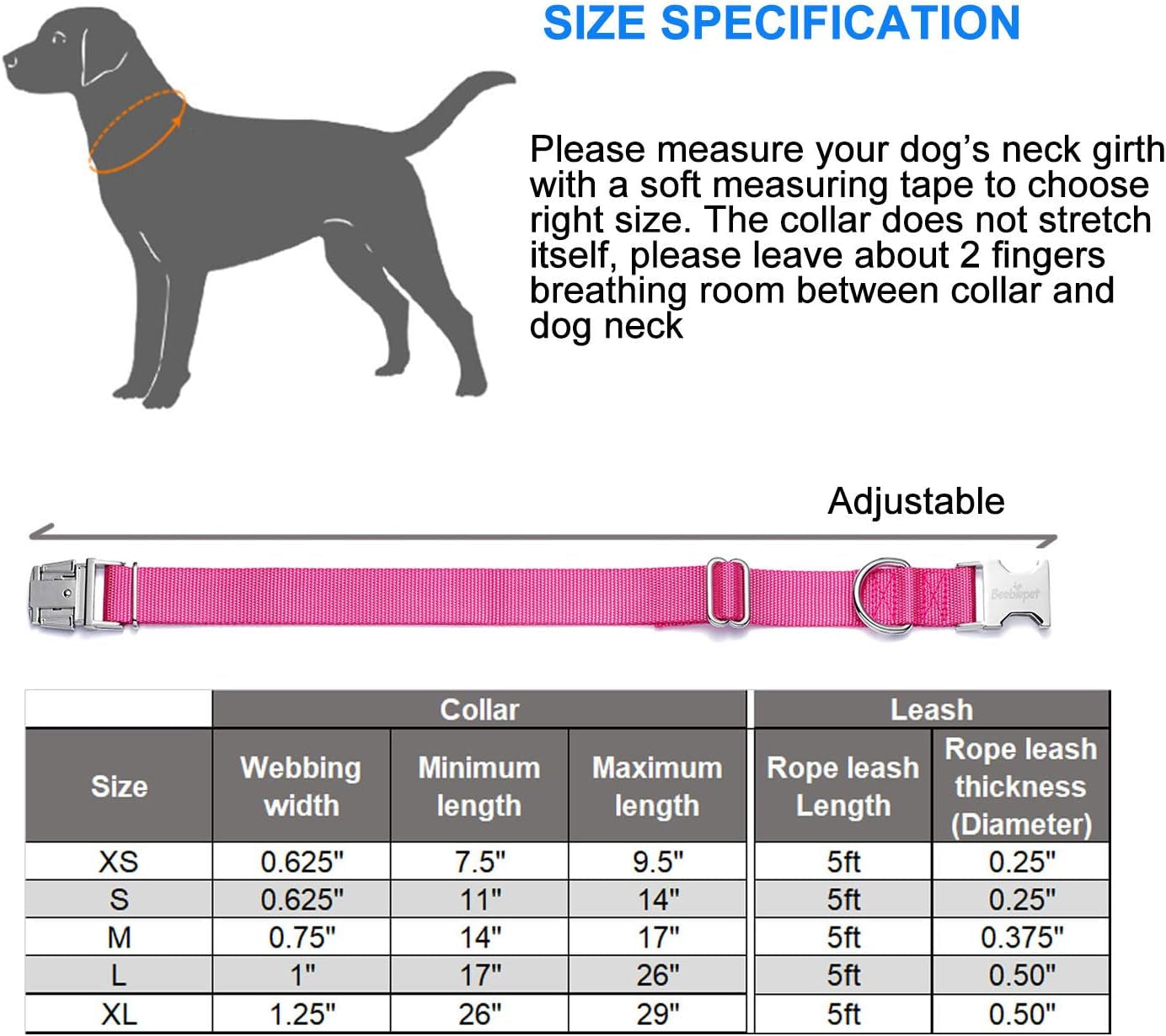 Adjustable Classic Dog Collar with Durable Metal Buckle for Small, Medium, and Large Dogs (Collar + Leash, Neck Size 14"-19", Pink)