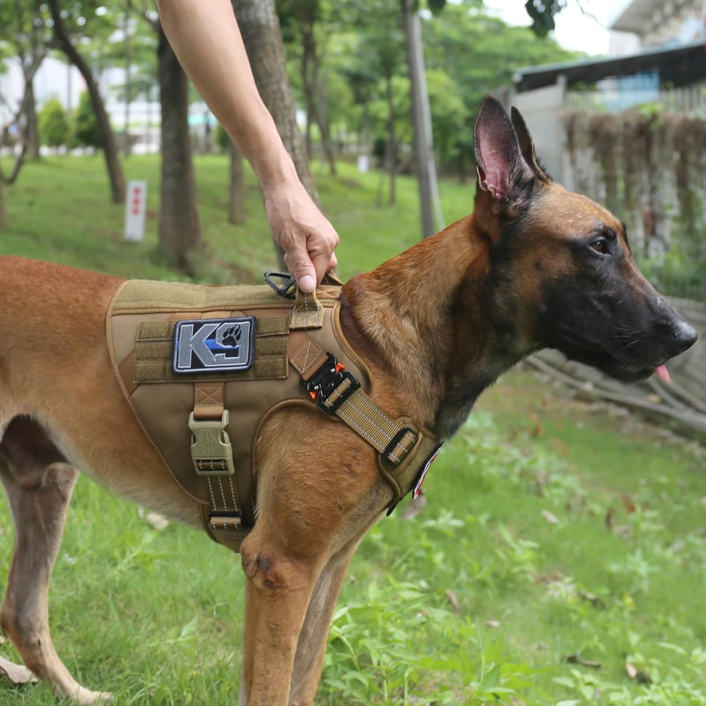 Large Tactical Dog Harness with Dual Metal Buckles, MOLLE Vest Design, No-Pull Front Leash Clip, and Hook and Loop Panel (Brown, Size L, Single Pack)