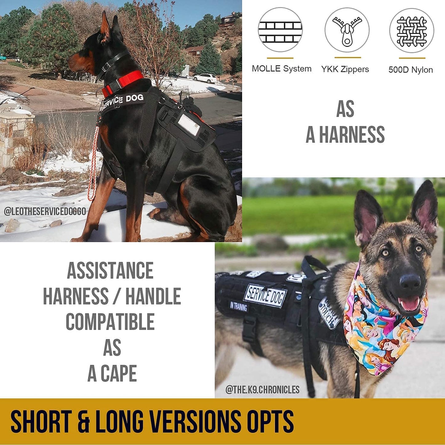 Large Service Dog Harness with Removable Neck Strap and Handle - Short Version (Black)