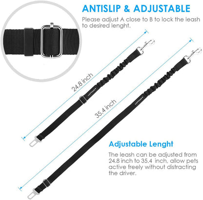 Dual Pack Adjustable Dog Car Seat Belt with Retractable Design and Elastic Bungee Buffer for Enhanced Pet Safety, Heavy-Duty Durability, and 360-Degree Swivel Functionality