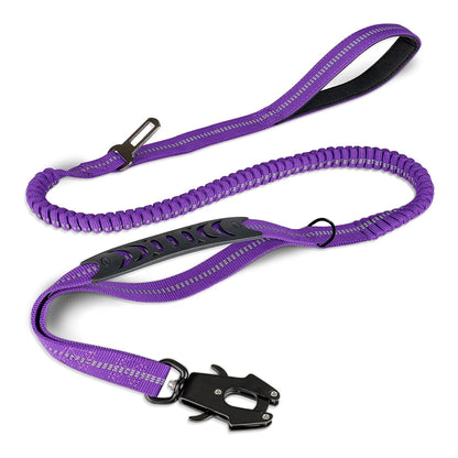 Heavy-Duty Tactical Dog Leash, 4-6FT Shock Absorbing Bungee Lead with Dual Padded Handles, Metal Carabiner Clip, and Car Seatbelt Attachment