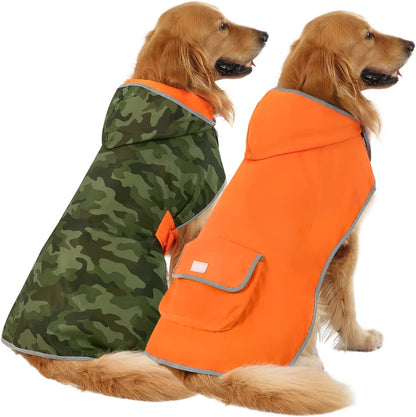Reversible Hooded Dog Raincoat Poncho Jacket in Camo Orange for Small, Medium, and Large Breeds - Size L