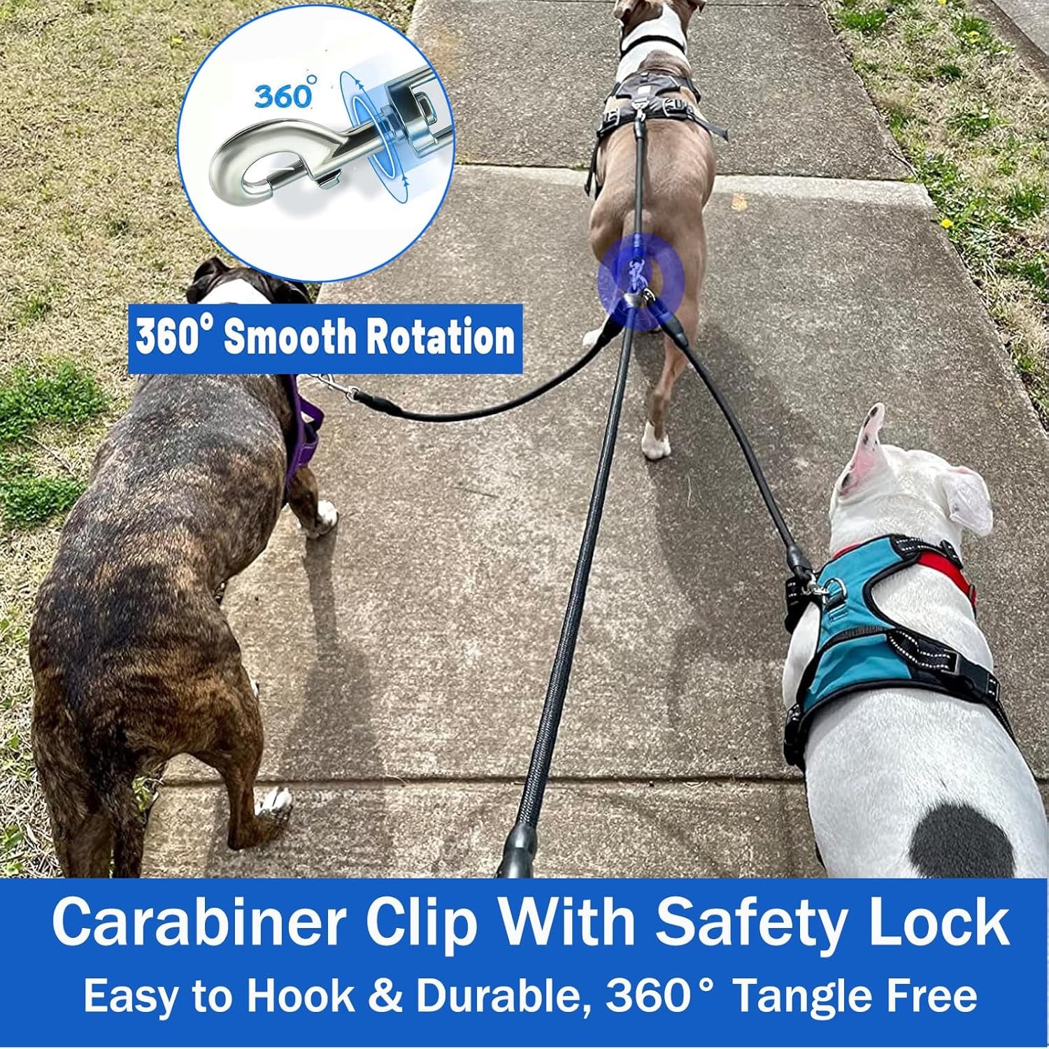 Heavy-Duty 3-Dog Leash with Detachable 360° Swivel Device and Padded Handle for Two to Three Pets (30-200 lbs)