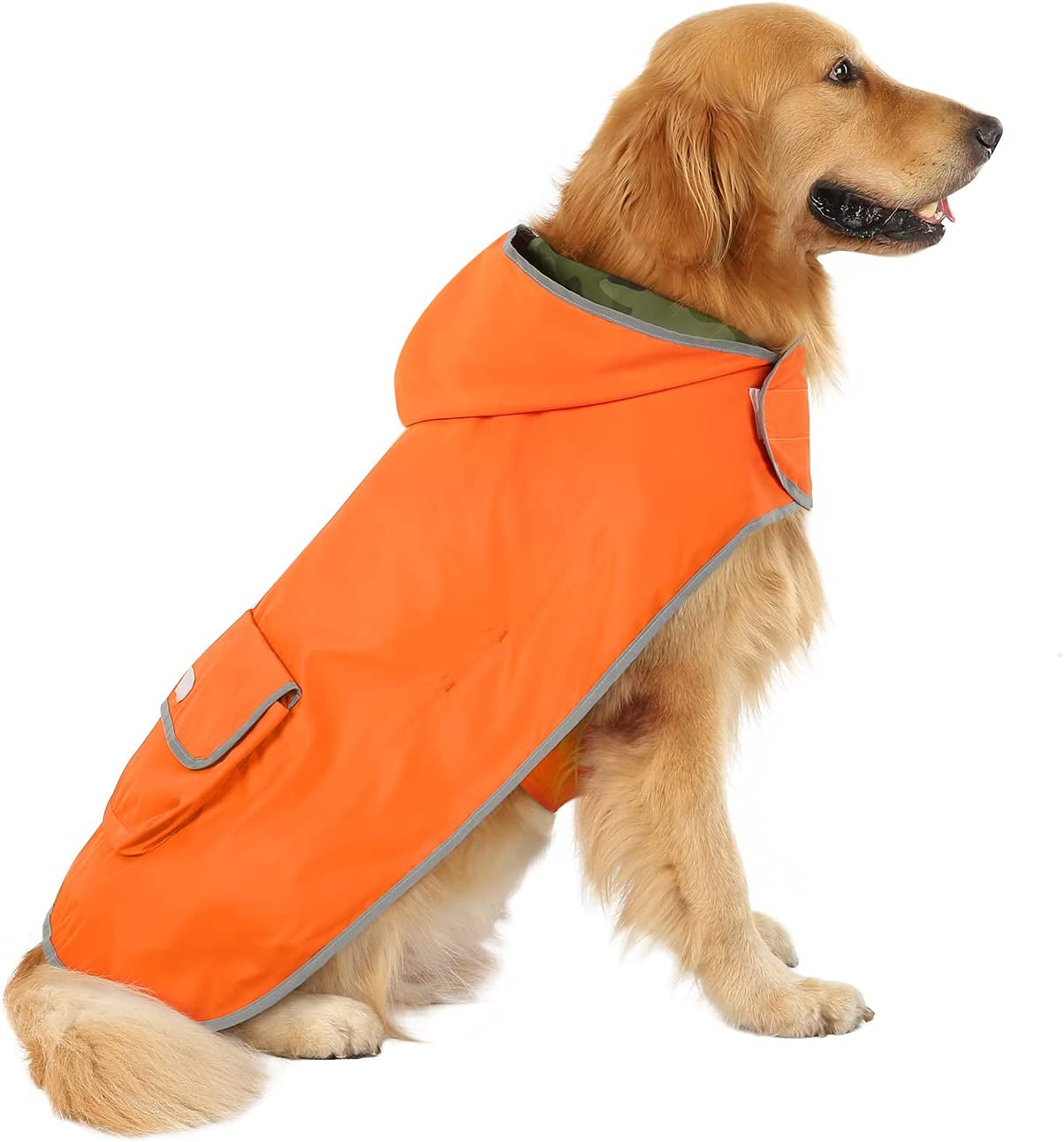 Reversible Hooded Dog Raincoat Poncho Jacket in Camo Orange for Small, Medium, and Large Breeds - Size L