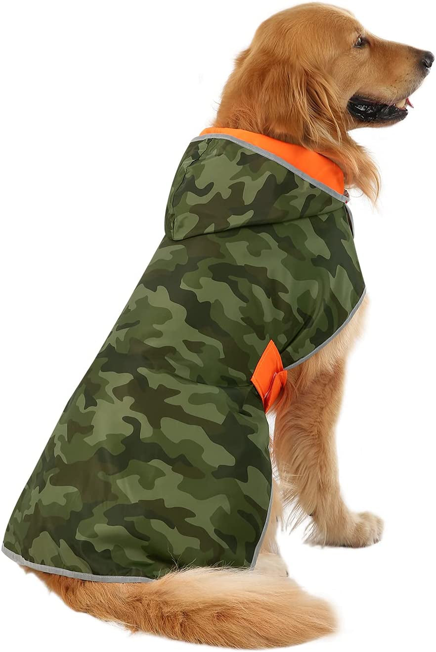 Reversible Hooded Dog Raincoat Poncho Jacket in Camo Orange for Small, Medium, and Large Breeds - Size L