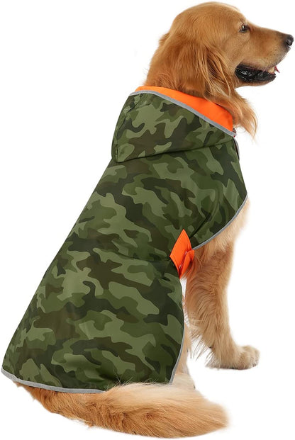 Reversible Hooded Dog Raincoat Poncho Jacket in Camo Orange for Small, Medium, and Large Breeds - Size L