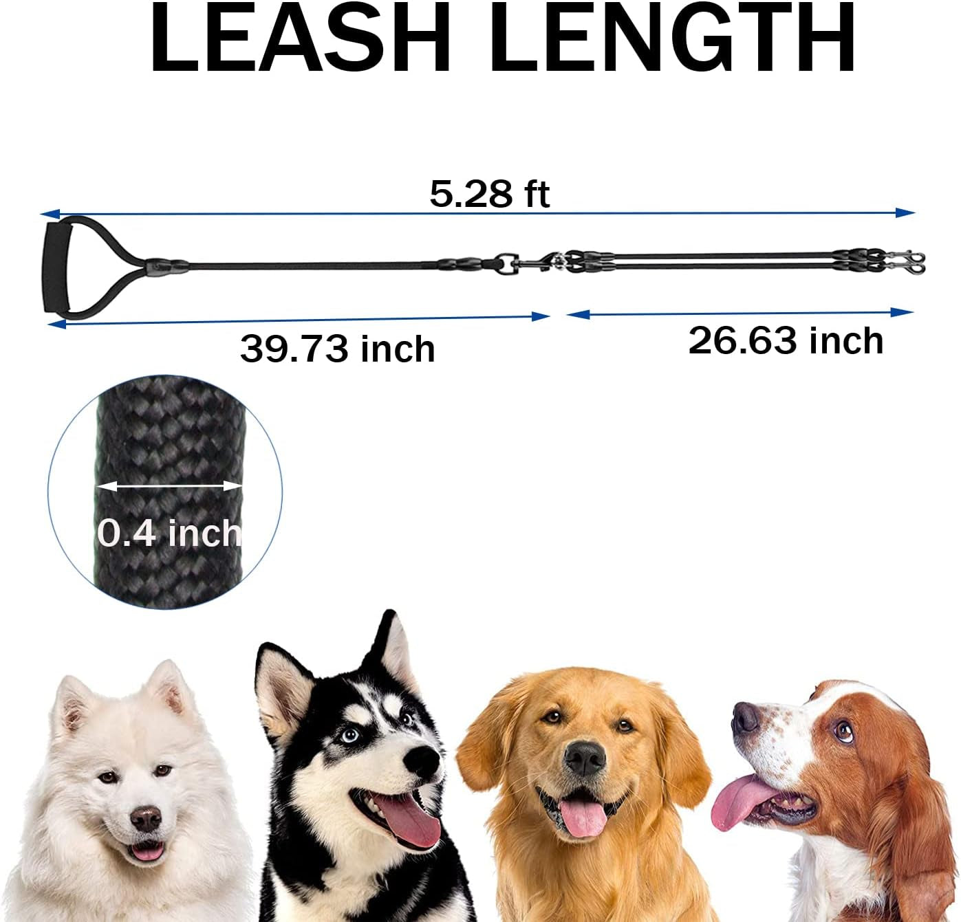 Heavy-Duty 3-Dog Leash with Detachable 360° Swivel Device and Padded Handle for Two to Three Pets (30-200 lbs)