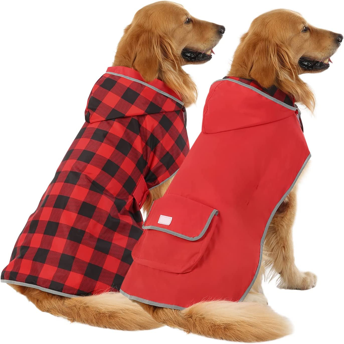 Reversible Hooded Dog Raincoat Poncho - Buffalo Plaid Red for Small to Extra Large Dogs
