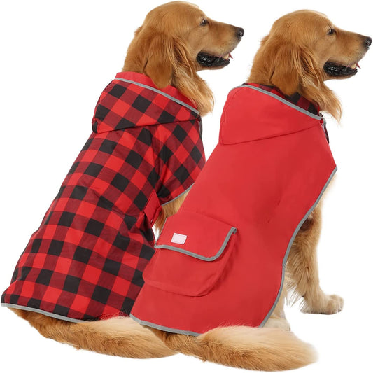Reversible Hooded Dog Raincoat Poncho - Buffalo Plaid Red for Small to Extra Large Dogs
