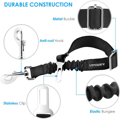 Dual Pack Adjustable Dog Car Seat Belt with Retractable Design and Elastic Bungee Buffer for Enhanced Pet Safety, Heavy-Duty Durability, and 360-Degree Swivel Functionality