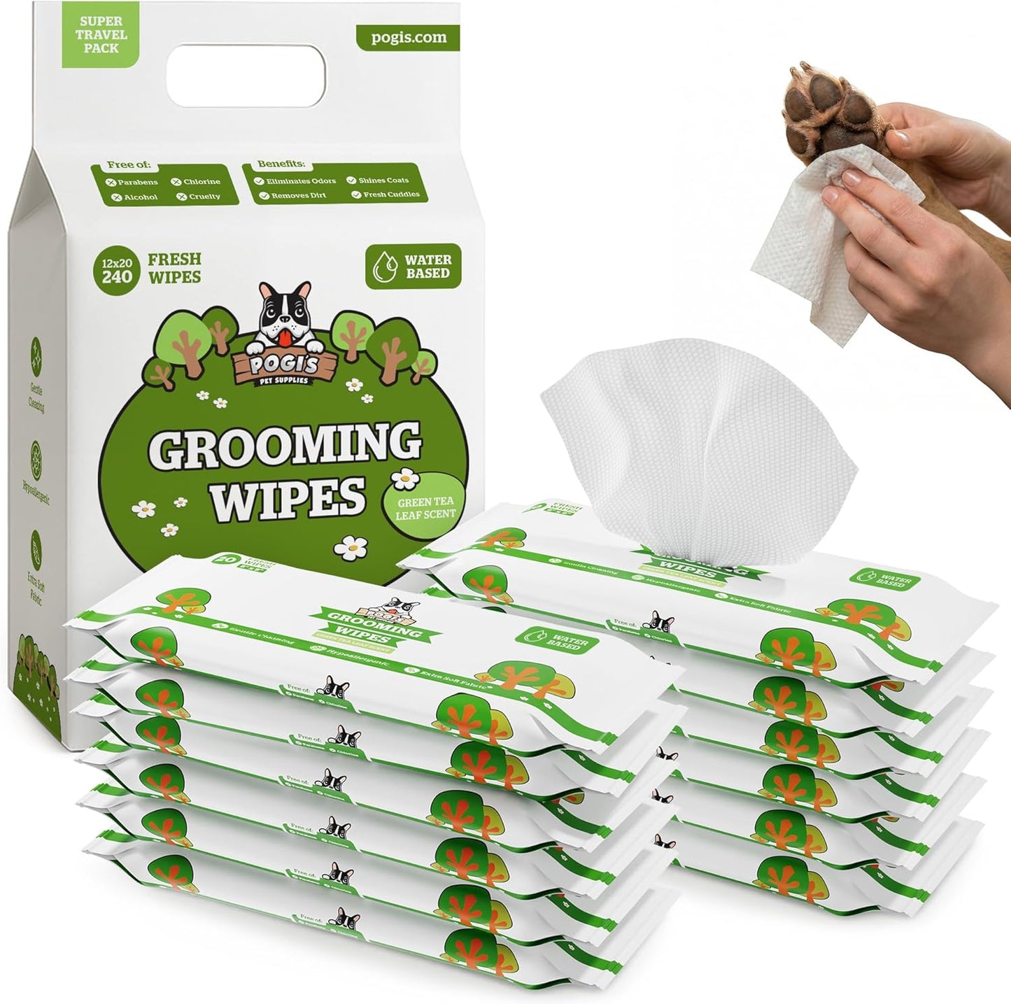 Pogi’S Dog Wipes – Hypoallergenic Pet Wipes for Paws, Body & Butt – Cleaning & Hydrating, Green Tea Scent, 240 Count