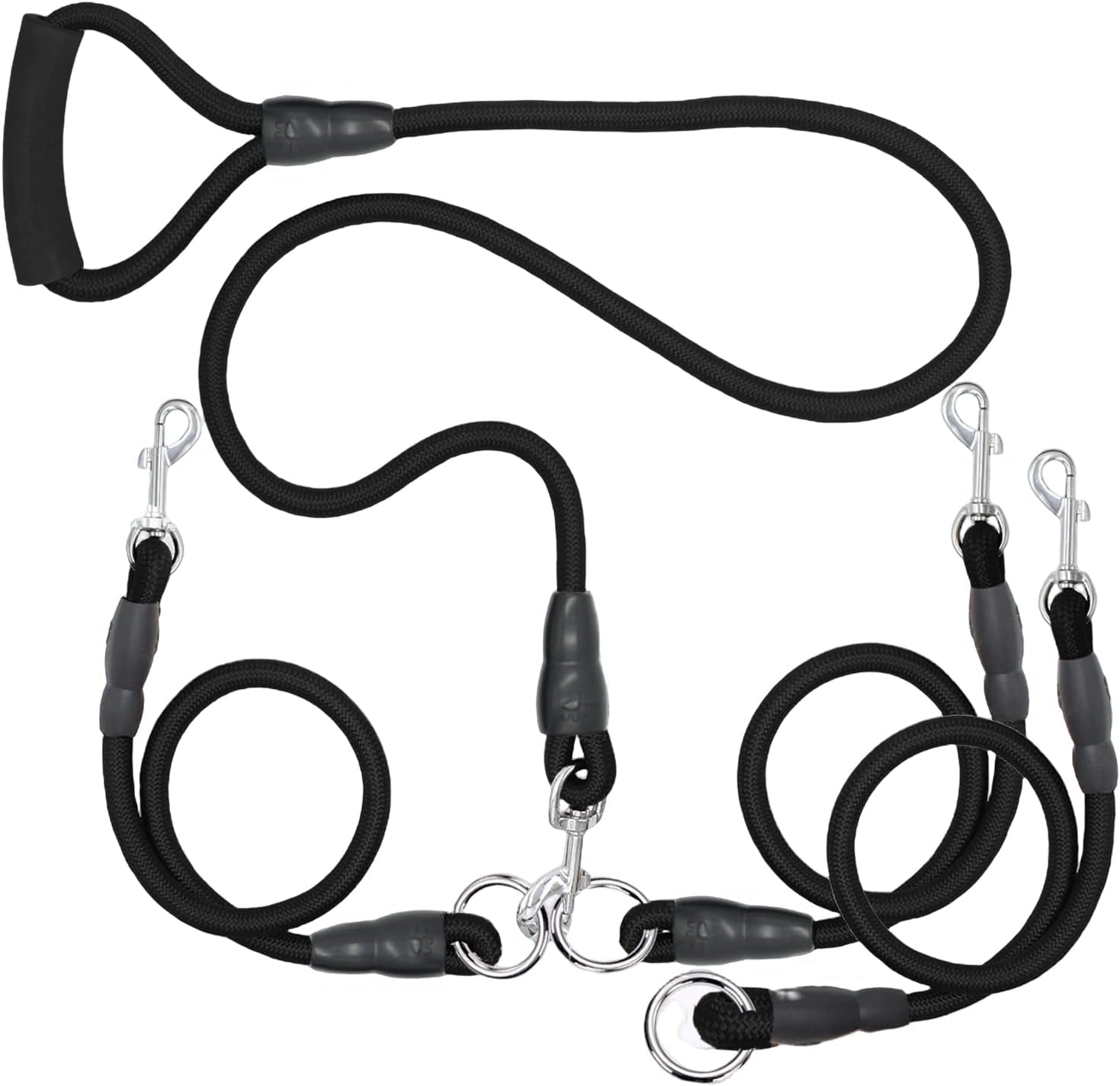 Heavy-Duty 3-Dog Leash with Detachable 360° Swivel Device and Padded Handle for Two to Three Pets (30-200 lbs)