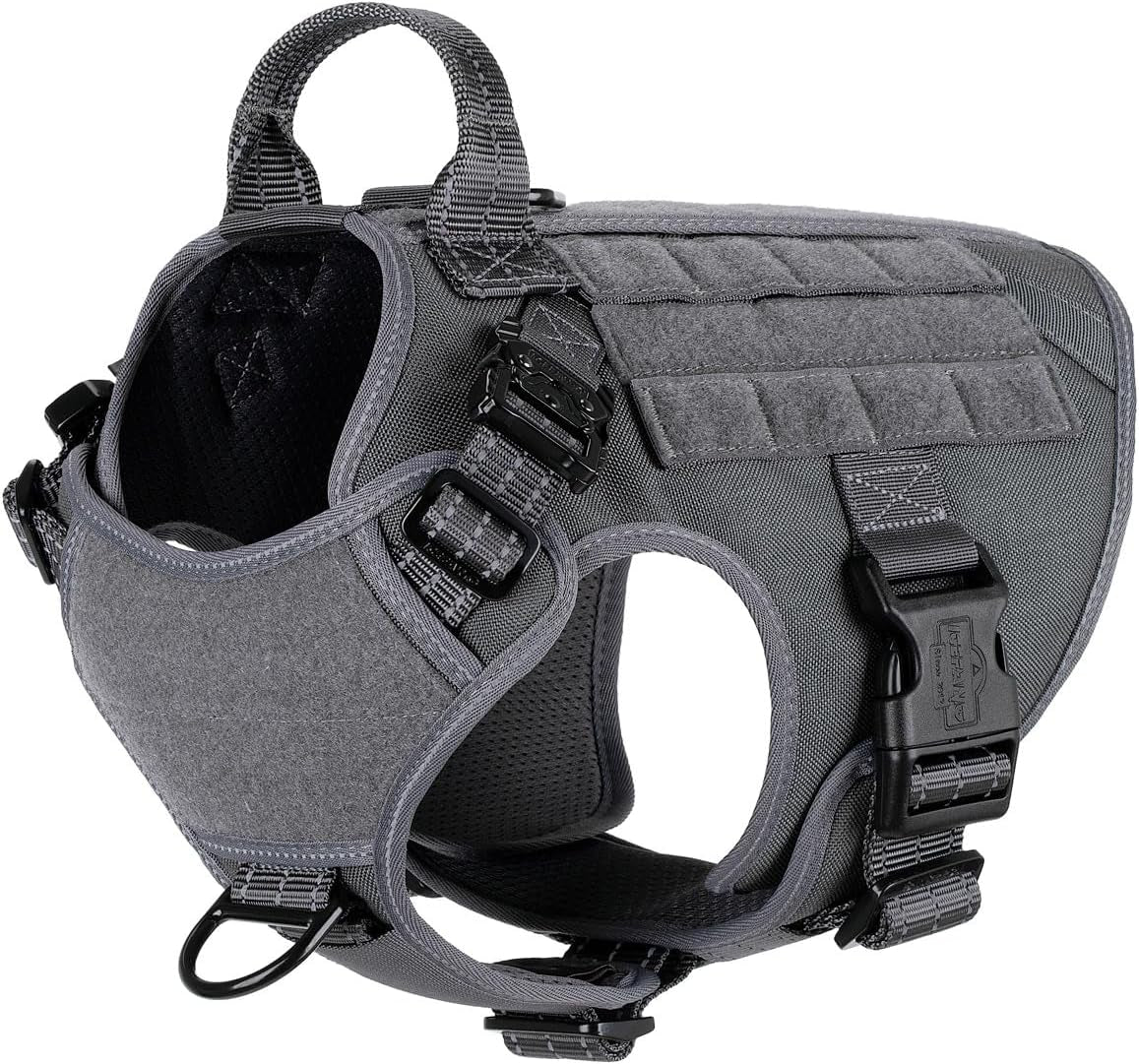 Medium Tactical Dog Harness with Dual Metal Buckles, MOLLE Vest Design, No-Pull Front Leash Clip, and Hook and Loop Panel (Grey, Size M, Single Unit)