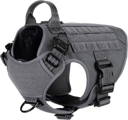 Medium Tactical Dog Harness with Dual Metal Buckles, MOLLE Vest Design, No-Pull Front Leash Clip, and Hook and Loop Panel (Grey, Size M, Single Unit)