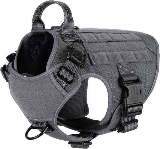 Medium Tactical Dog Harness with Dual Metal Buckles, MOLLE Vest Design, No-Pull Front Leash Clip, and Hook and Loop Panel (Grey, Size M, Single Unit)