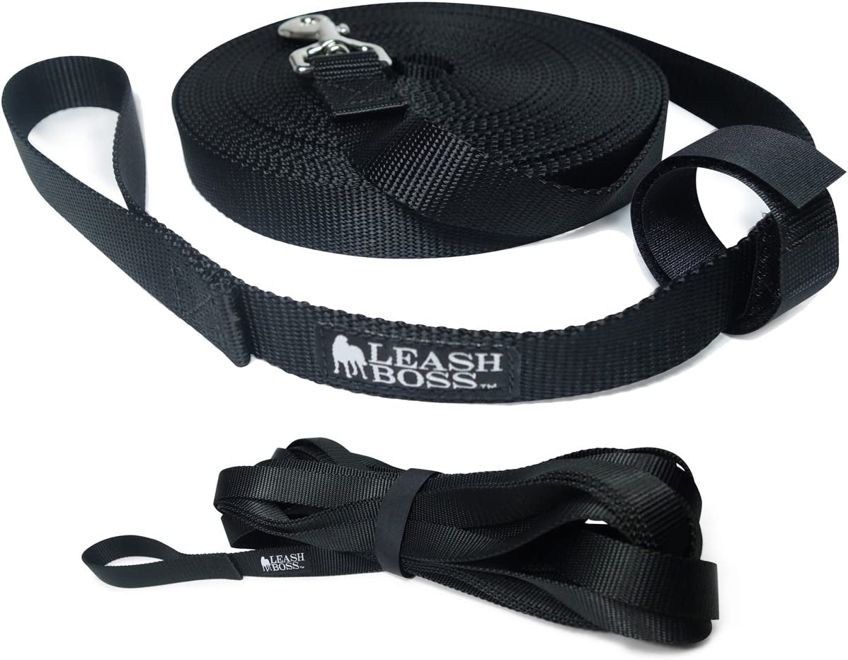Long Trainer - 20 Ft Black Nylon Dog Training Leash with Storage Strap