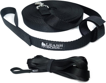 Long Trainer - 20 Ft Black Nylon Dog Training Leash with Storage Strap