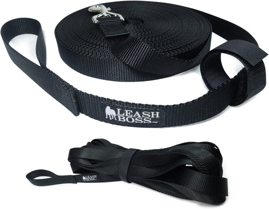 Long Trainer - 20 Ft Black Nylon Dog Training Leash with Storage Strap