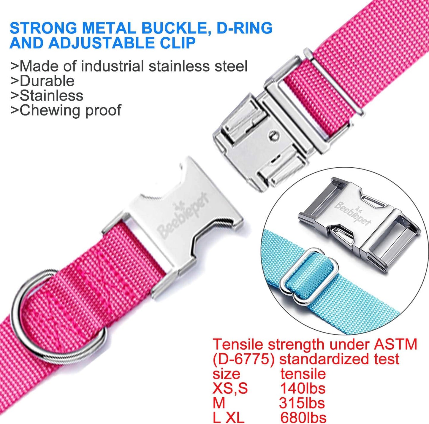 Adjustable Classic Dog Collar with Durable Metal Buckle for Small, Medium, and Large Dogs (Collar + Leash, Neck Size 14"-19", Pink)