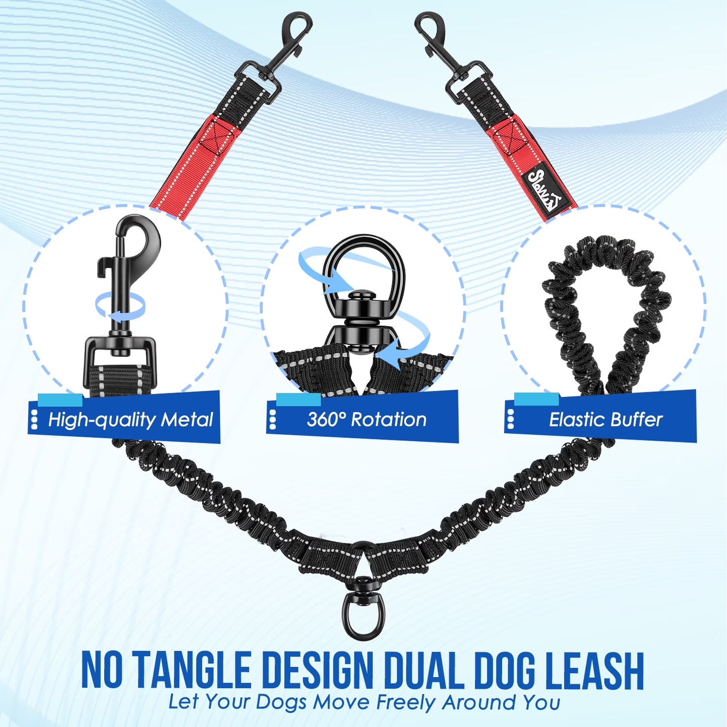 Professional Double Dog Leash with 360° Swivel and Reflective Splitter for Two Large Dogs (25-150 lbs)