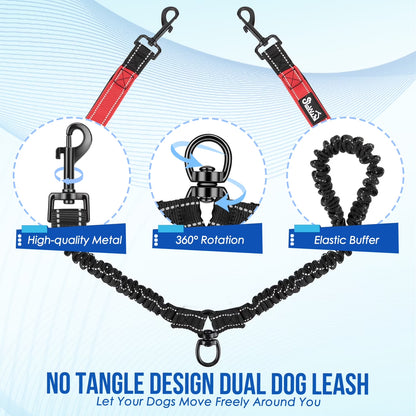 Professional Double Dog Leash with 360° Swivel and Reflective Splitter for Two Large Dogs (25-150 lbs)