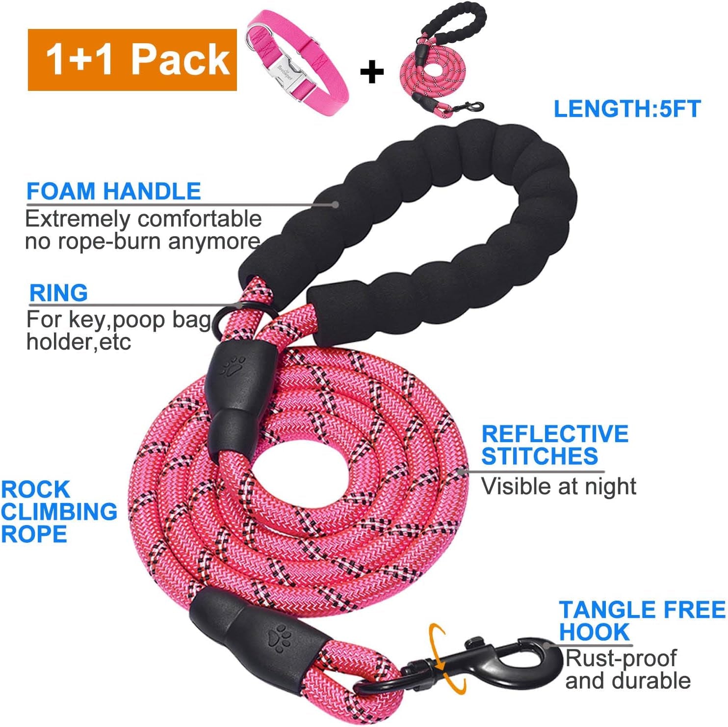 Adjustable Classic Dog Collar with Durable Metal Buckle for Small, Medium, and Large Dogs (Collar + Leash, Neck Size 14"-19", Pink)