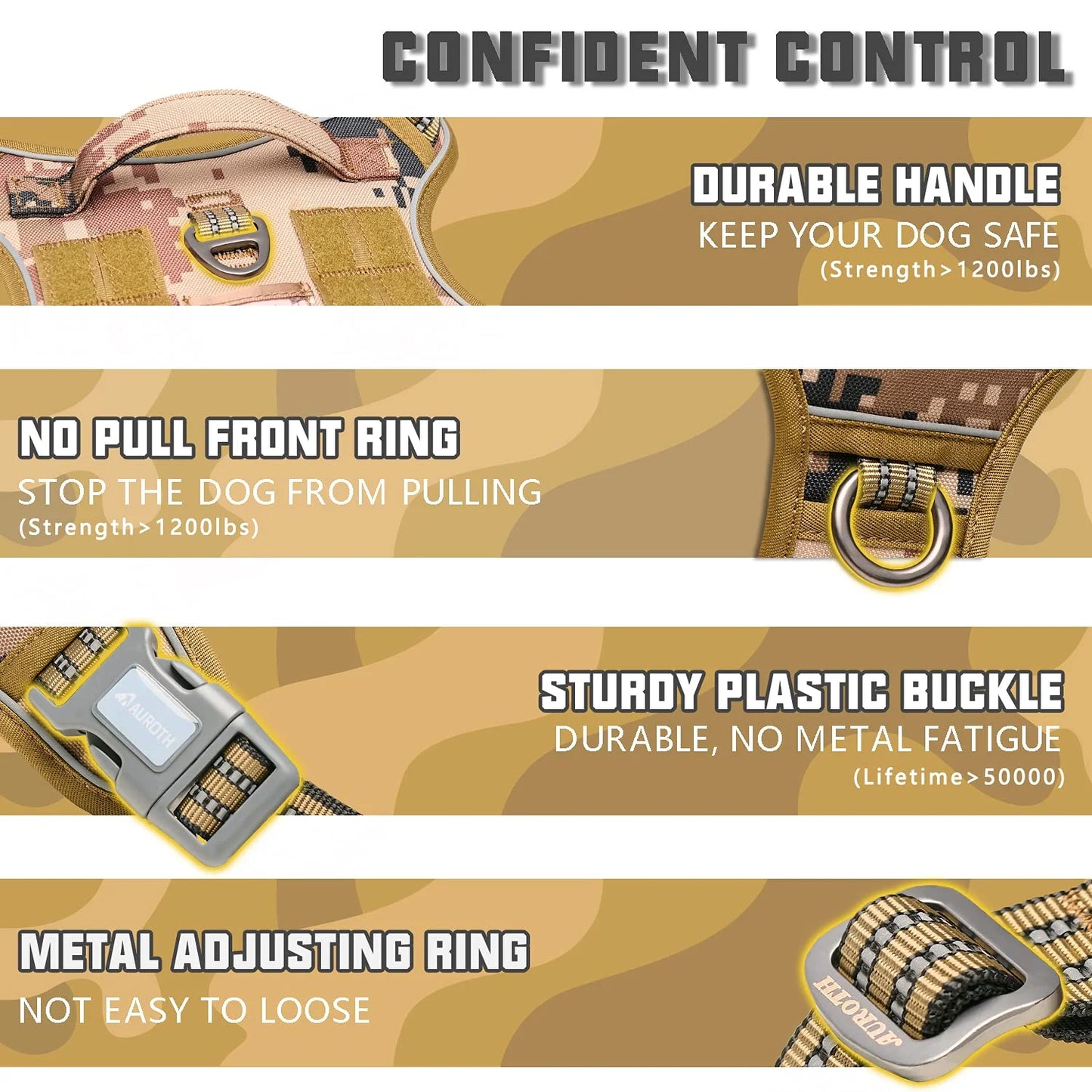 Adjustable No-Pull Dog Harness for Large Breeds, Service Vest with Control Handle for Training and Outdoor Activities in Desert Camo Design