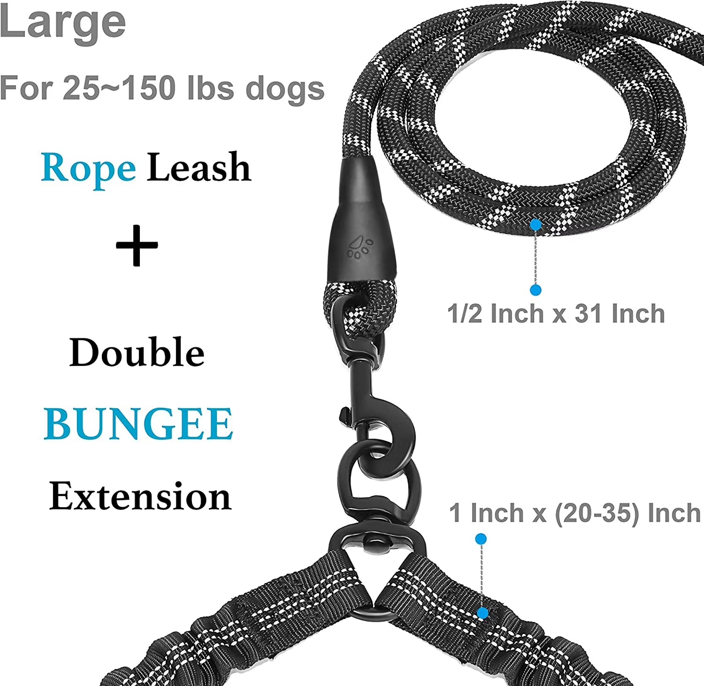 Professional Dual Dog Leash with 360° Swivel, Shock Absorbing Bungee Design for Training Two Dogs (25-150 lbs), Black
