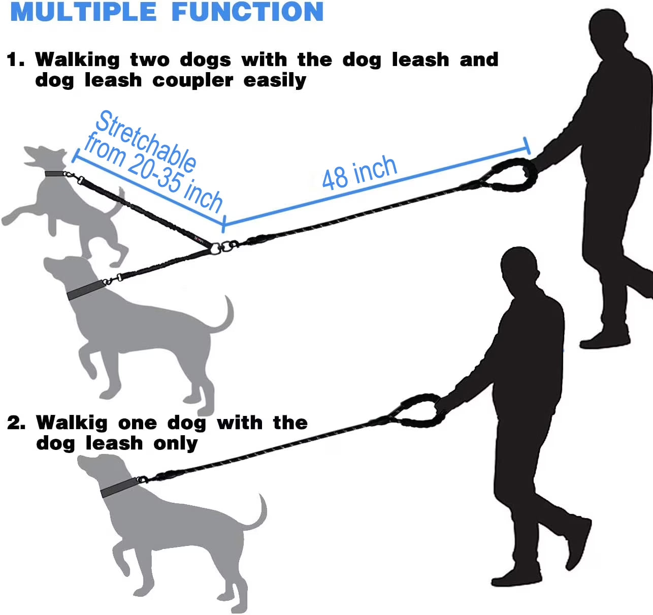 Professional Dual Dog Leash with 360° Swivel, Shock Absorbing Bungee Design for Training Two Dogs (25-150 lbs), Black