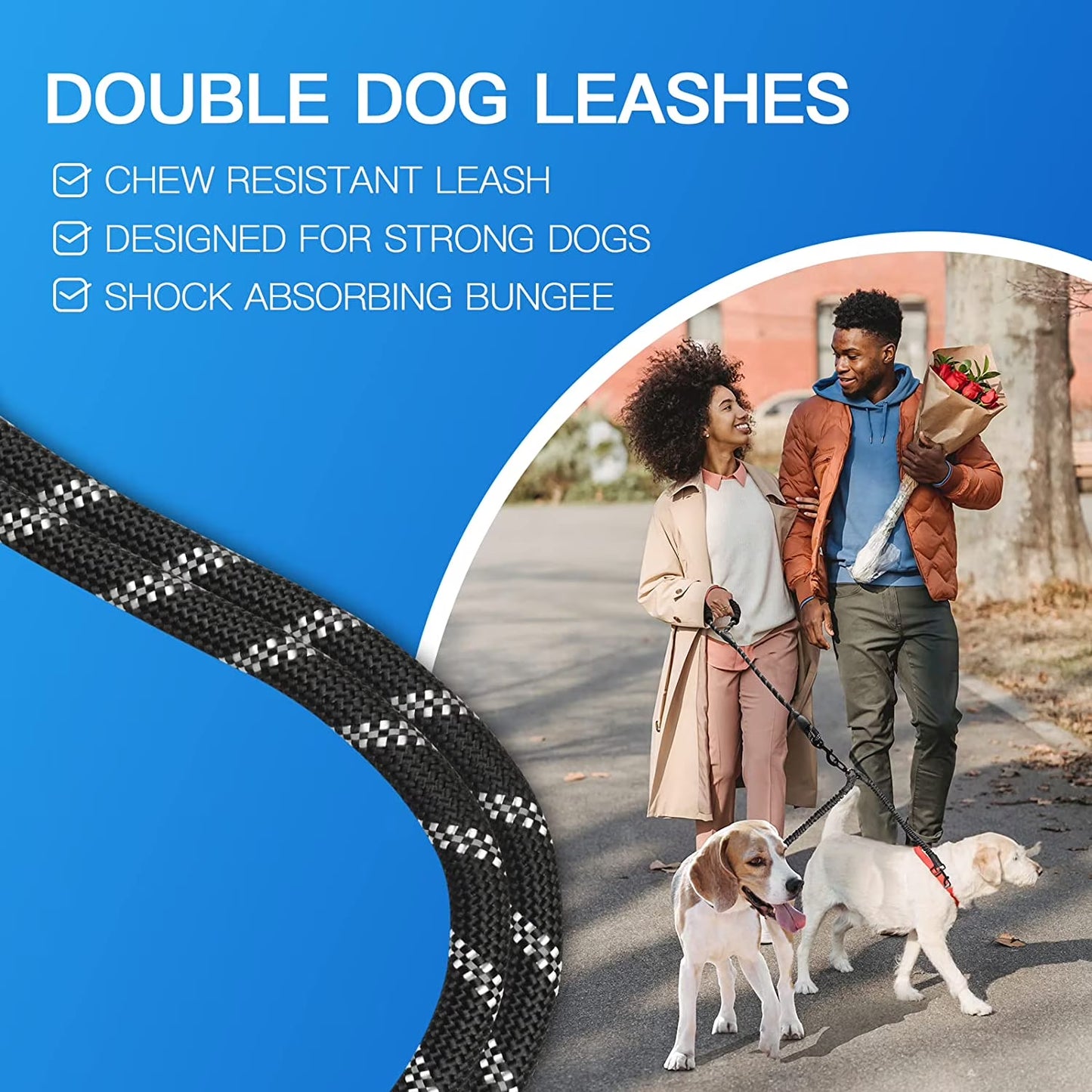 Professional Dual Dog Leash with 360° Swivel, Shock Absorbing Bungee Design for Training Two Dogs (25-150 lbs), Black