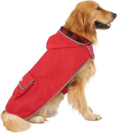 Reversible Hooded Dog Raincoat Poncho - Buffalo Plaid Red for Small to Extra Large Dogs