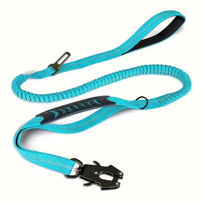 Heavy-Duty Tactical Dog Leash, 4-6FT Shock Absorbing Bungee Lead with Dual Padded Handles, Metal Carabiner Clip, and Car Seatbelt Attachment