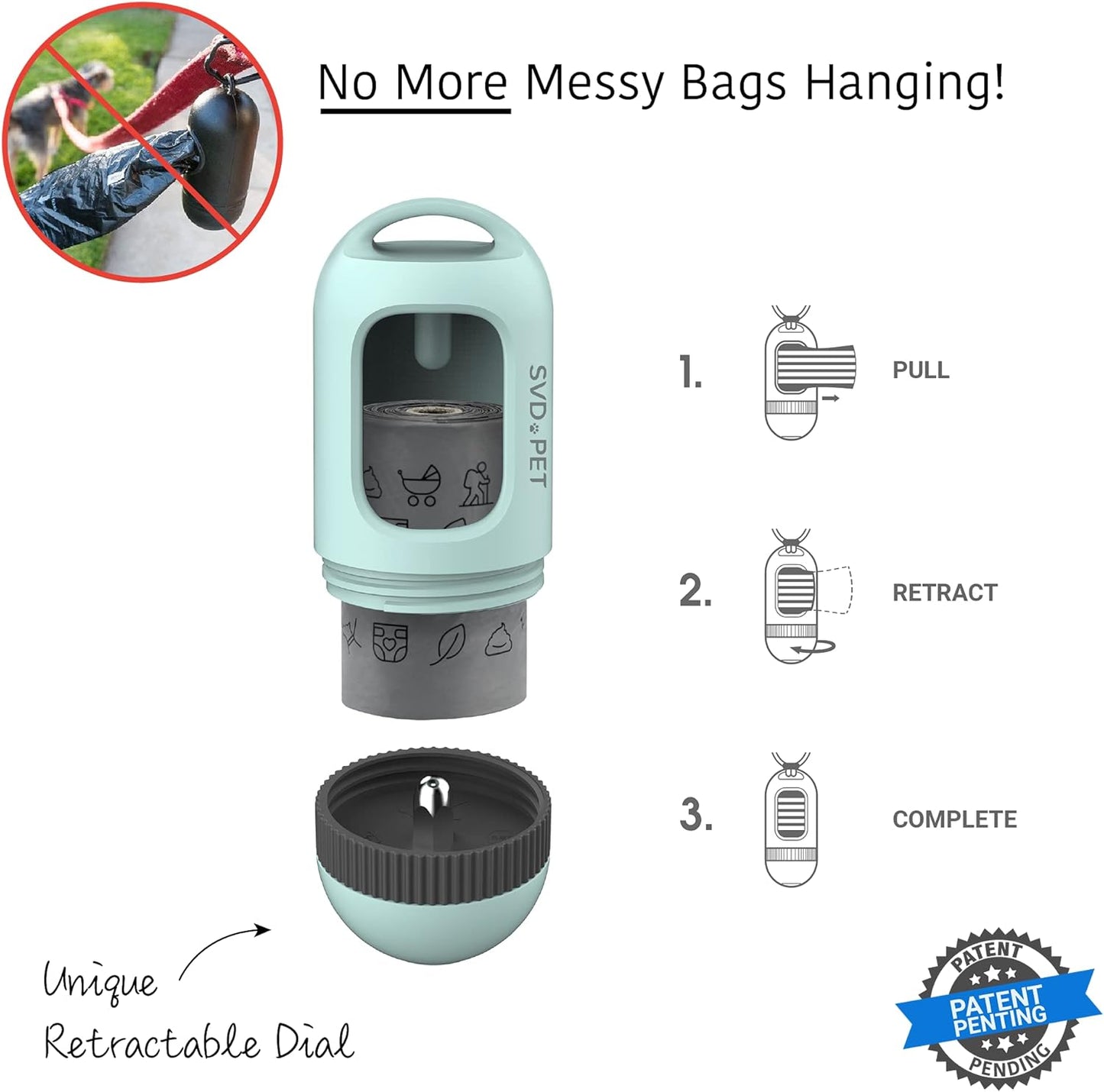 Dog Waste Bag Dispenser with Retractable Feature, Compatible with Any Leash, Leak-Proof Bags, Poop Bag Holder, Essential Accessory for Dog Walking (Misty Jade)