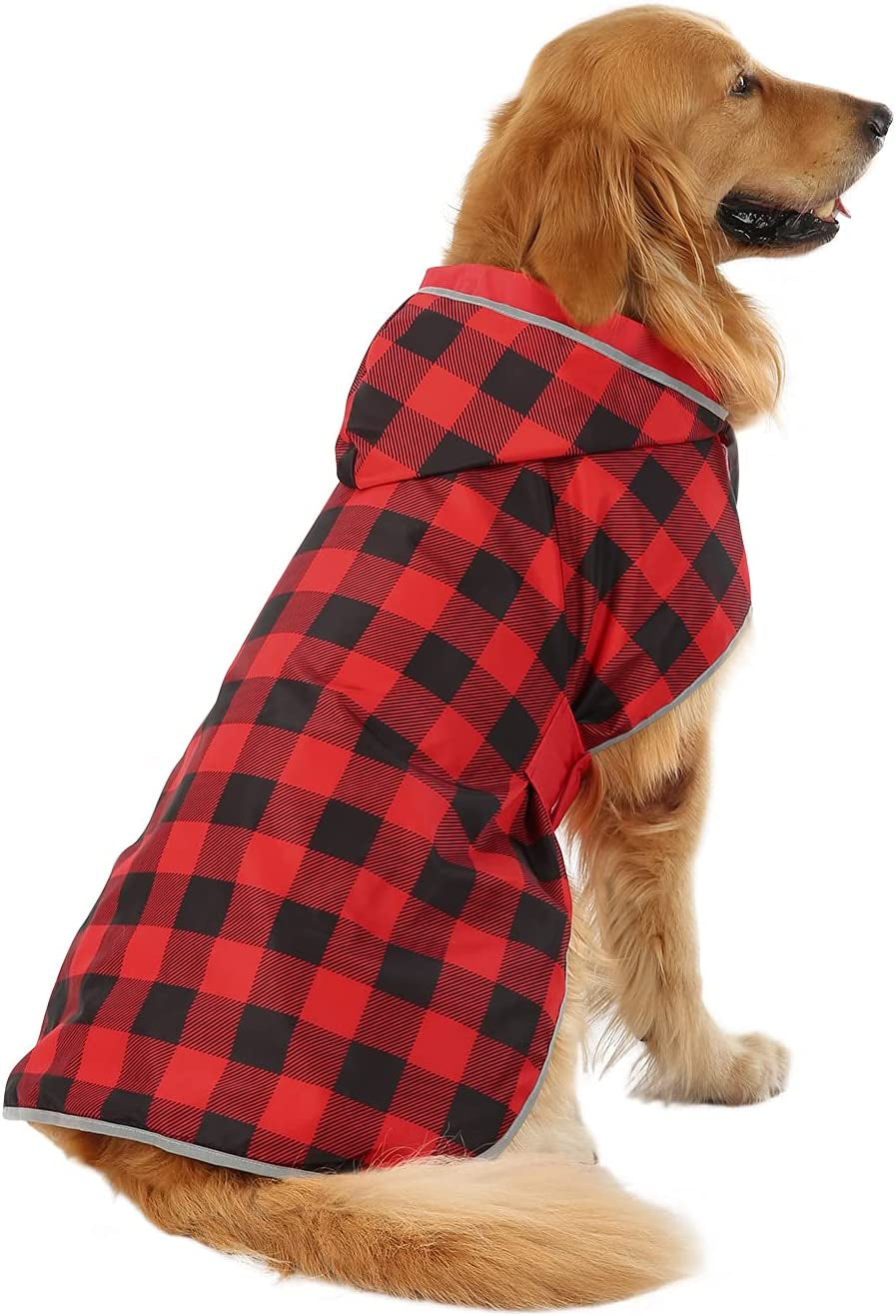 Reversible Hooded Dog Raincoat Poncho - Buffalo Plaid Red for Small to Extra Large Dogs