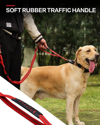 Heavy-Duty Tactical Dog Leash, 4-6FT Shock Absorbing Bungee Lead with Dual Padded Handles, Metal Carabiner Clip, and Car Seatbelt Attachment