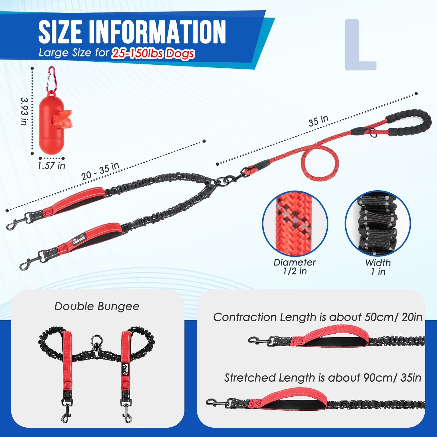 Professional Double Dog Leash with 360° Swivel and Reflective Splitter for Two Large Dogs (25-150 lbs)