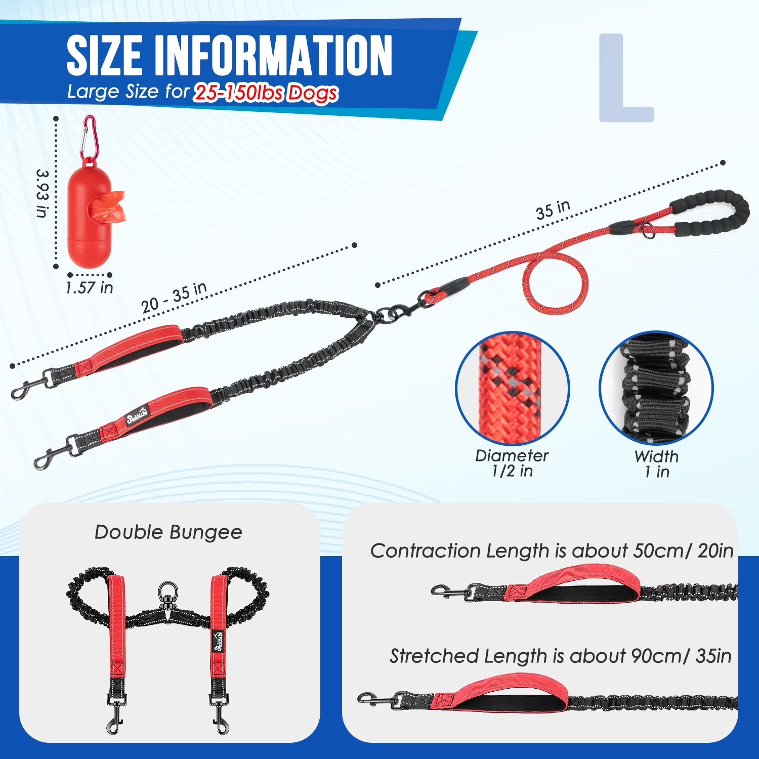 Professional Double Dog Leash with 360° Swivel and Reflective Splitter for Two Large Dogs (25-150 lbs)