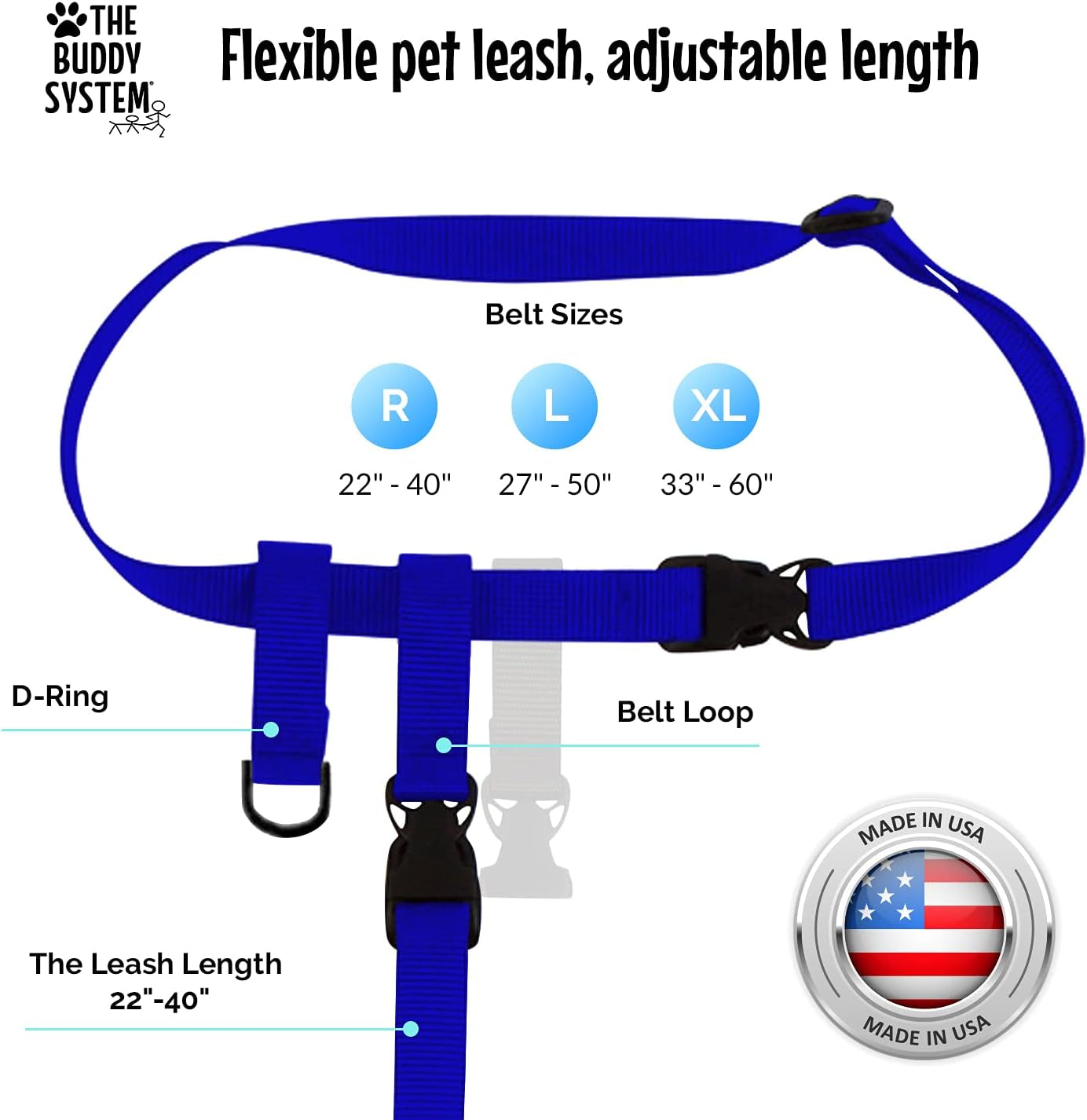 Adjustable Hands-Free Dog Leash for Running, Jogging, Training, and Service Dogs - Compatible with Small, Medium, and Large Breeds - Made in the USA (Royal Blue, Large Belt 27"-50" Waist)