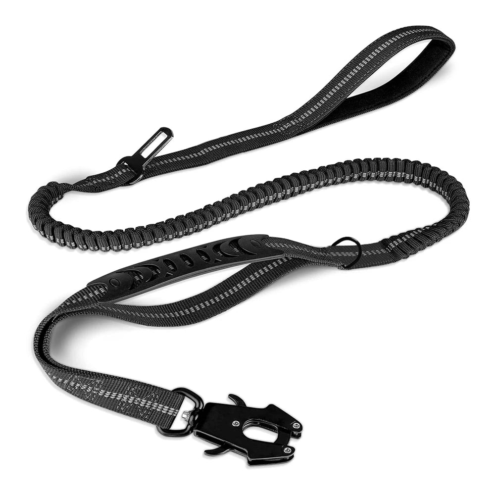 Heavy-Duty Tactical Dog Leash, 4-6FT Shock Absorbing Bungee Lead with Dual Padded Handles, Metal Carabiner Clip, and Car Seatbelt Attachment