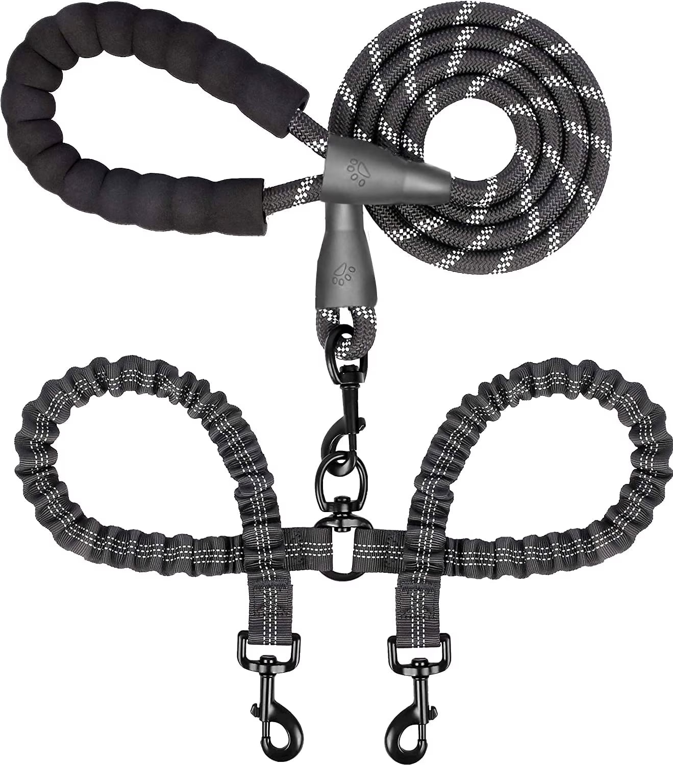 Professional Dual Dog Leash with 360° Swivel, Shock Absorbing Bungee Design for Training Two Dogs (25-150 lbs), Black