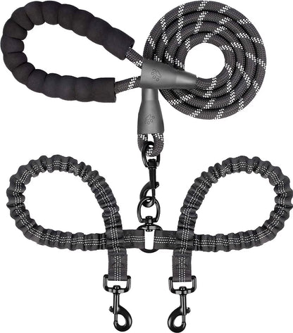 Professional Dual Dog Leash with 360° Swivel, Shock Absorbing Bungee Design for Training Two Dogs (25-150 lbs), Black