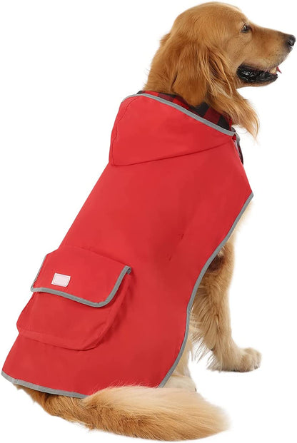 Reversible Hooded Dog Raincoat Poncho - Buffalo Plaid Red for Small to Extra Large Dogs