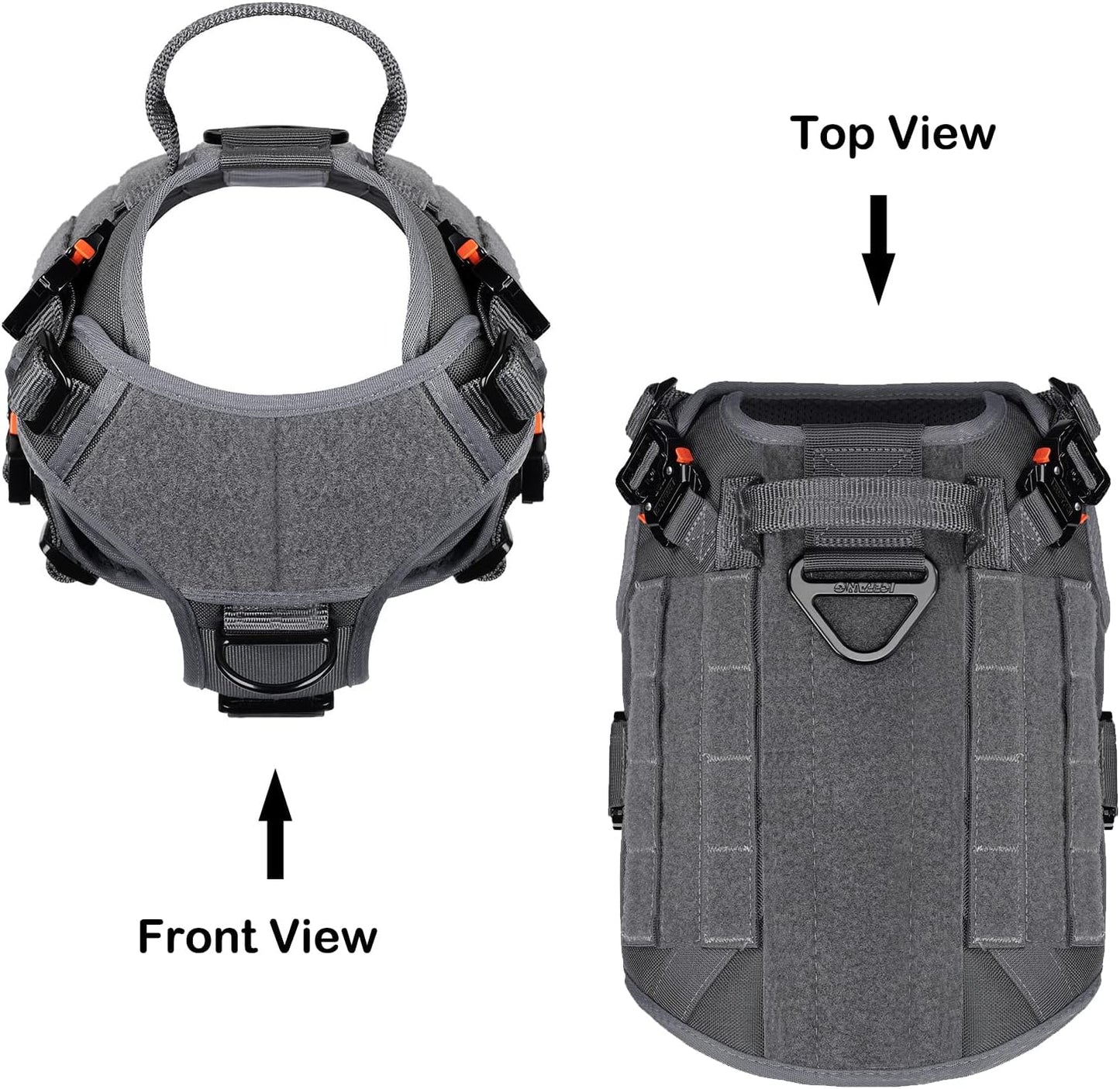 Professional Tactical Dog Harness with 4X Metal Buckles, MOLLE K9 Vest for Working Dogs, No-Pull Front Clip, Adjustable Harness for Medium Dogs (Chest Size 25"-31"), Grey
