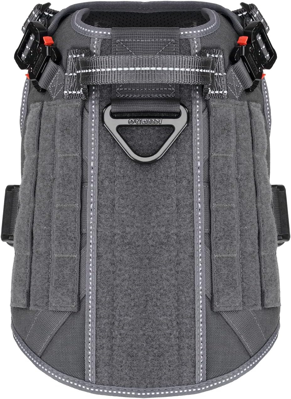 Medium Tactical Dog Harness with Dual Metal Buckles, MOLLE Vest Design, No-Pull Front Leash Clip, and Hook and Loop Panel (Grey, Size M, Single Unit)