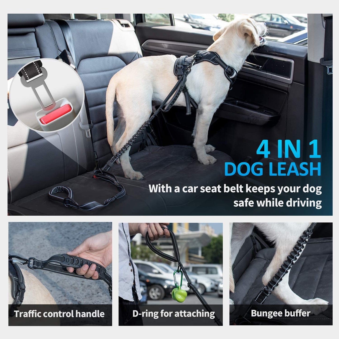 Heavy-Duty Multifunctional Tactical Dog Leash with Bungee and Car Seatbelt, 4-6 FT Shock Absorbing Lead for Large and Medium Dogs