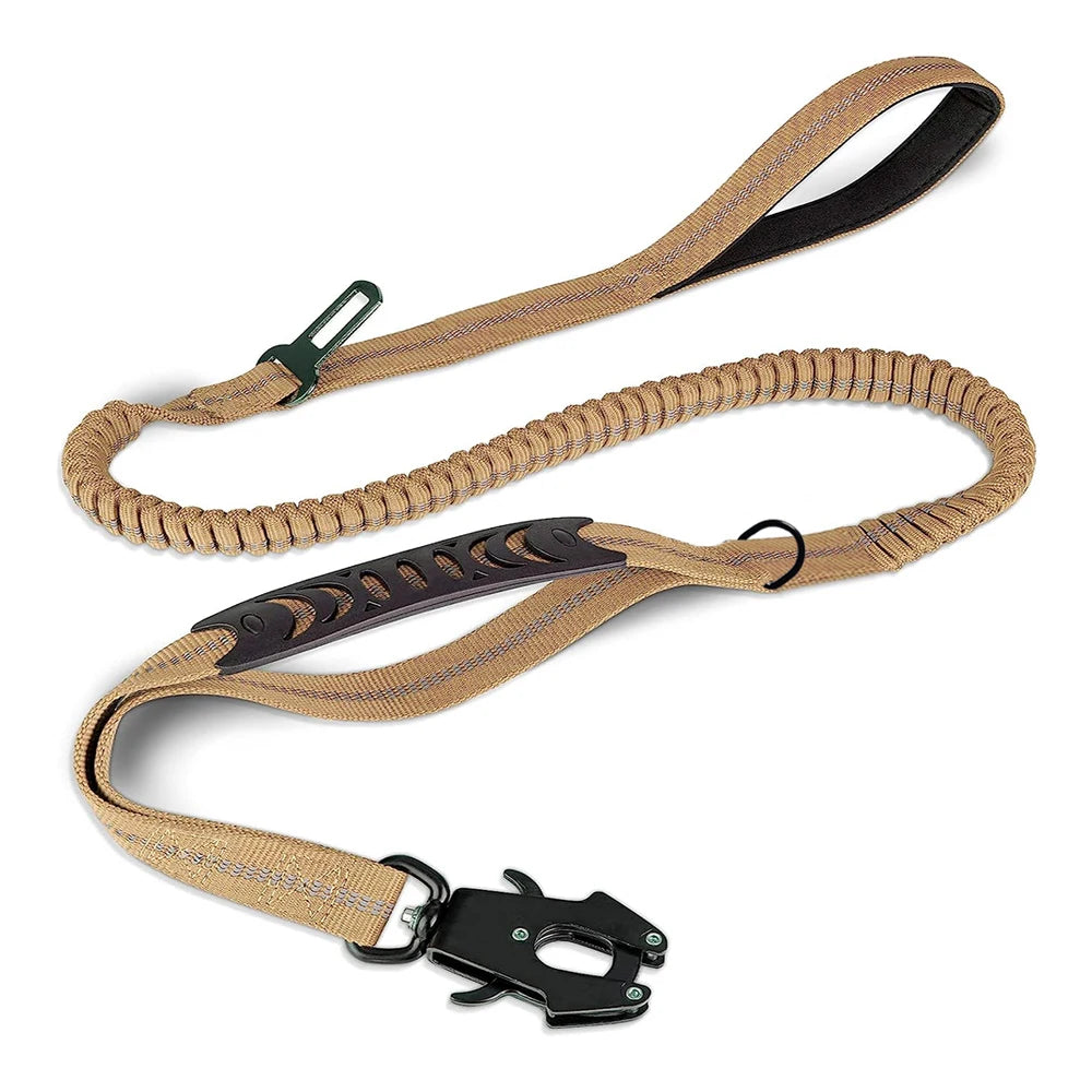 Heavy-Duty Tactical Dog Leash, 4-6FT Shock Absorbing Bungee Lead with Dual Padded Handles, Metal Carabiner Clip, and Car Seatbelt Attachment