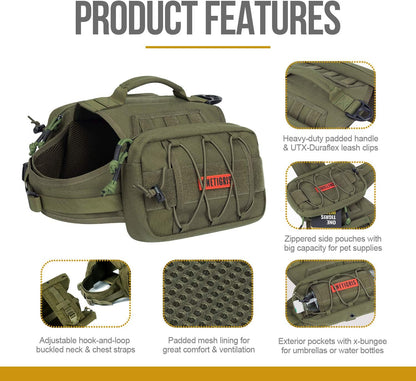 Tactical Nylon Dog Backpack for Medium and Large Dogs with Side Pockets - Ideal for Hiking, Walking, Training, and Running (Green, Large)