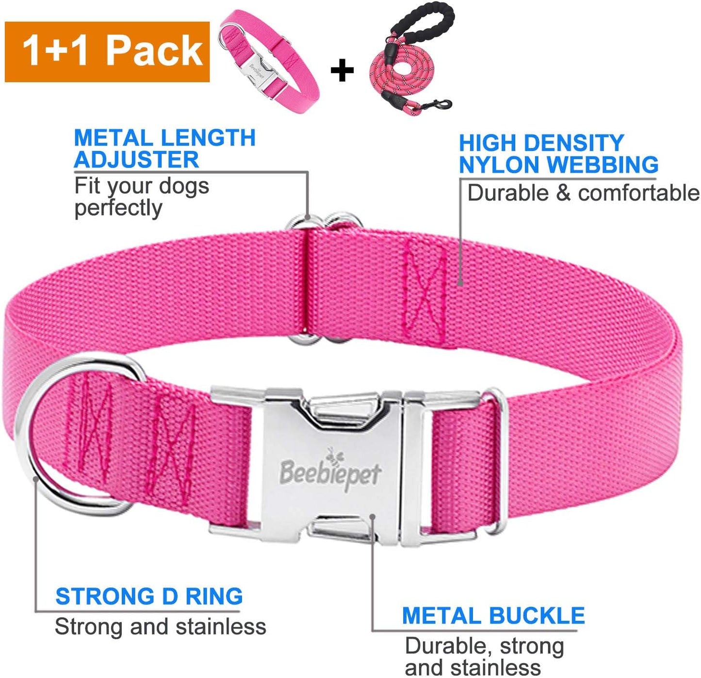 Adjustable Classic Dog Collar with Durable Metal Buckle for Small, Medium, and Large Dogs (Collar + Leash, Neck Size 14"-19", Pink)