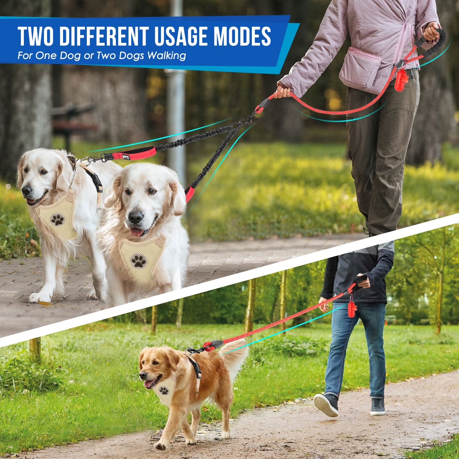 Professional Double Dog Leash with 360° Swivel and Reflective Splitter for Two Large Dogs (25-150 lbs)