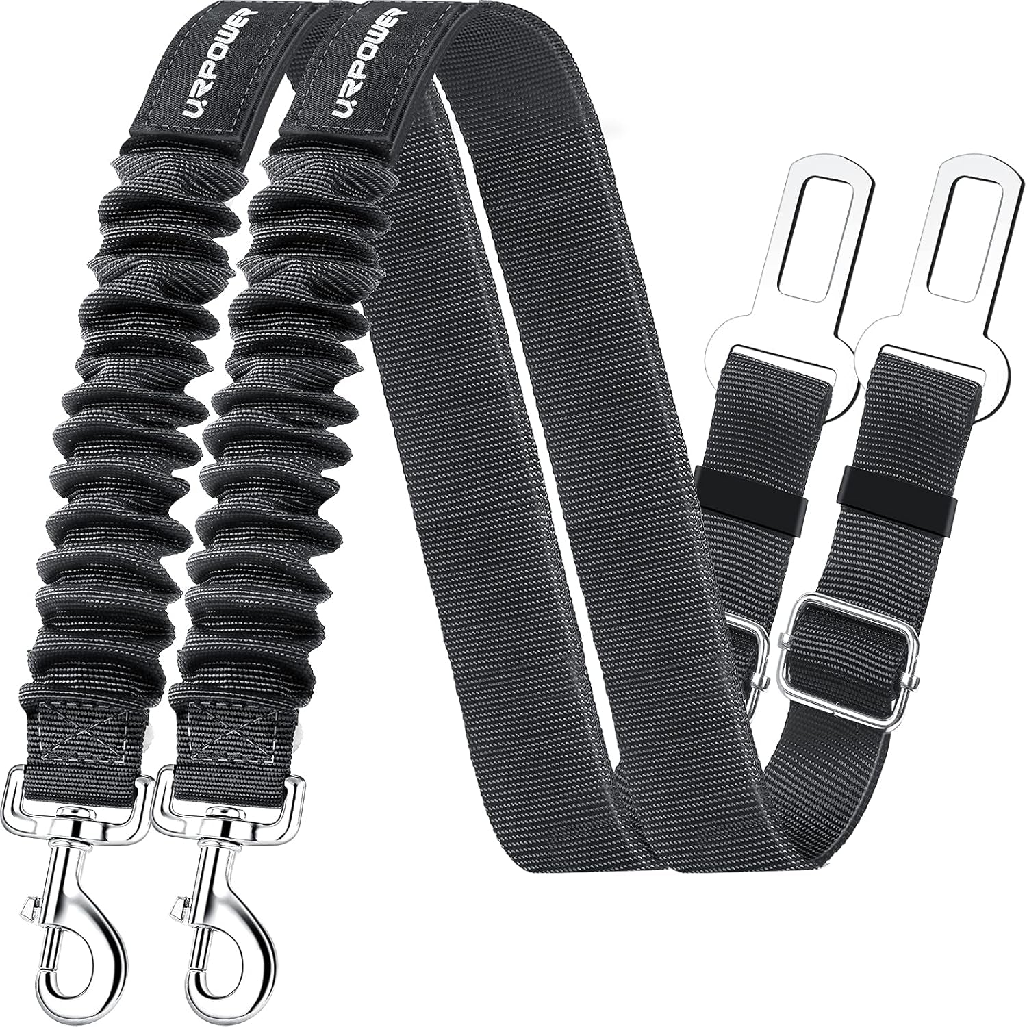 Dual Pack Adjustable Dog Car Seat Belt with Retractable Design and Elastic Bungee Buffer for Enhanced Pet Safety, Heavy-Duty Durability, and 360-Degree Swivel Functionality